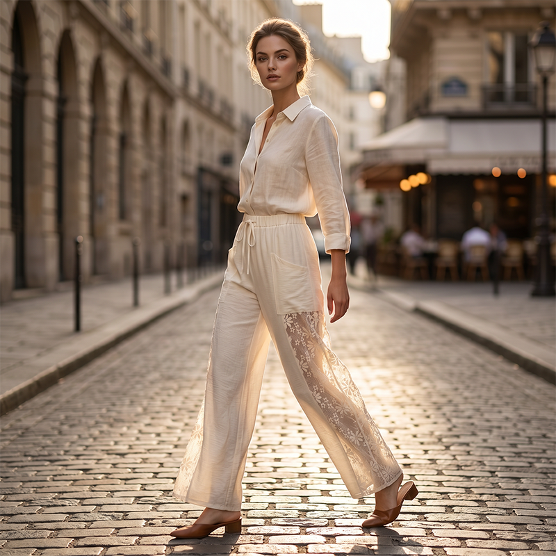 Qerina - Trousers With Delicate Floral Lace Panels