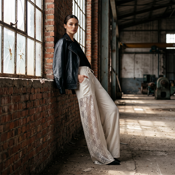 Qerina - Trousers With Delicate Floral Lace Panels