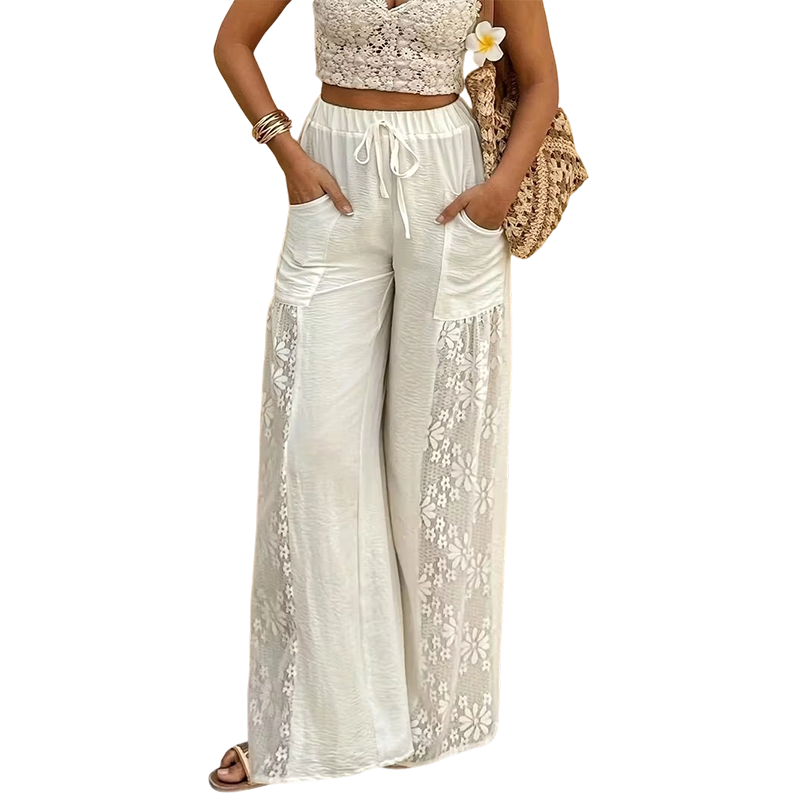 Qerina - Trousers With Delicate Floral Lace Panels