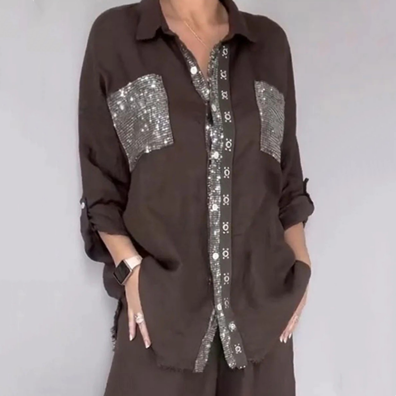 Lizy - Sequined Blouse And Trousers Set
