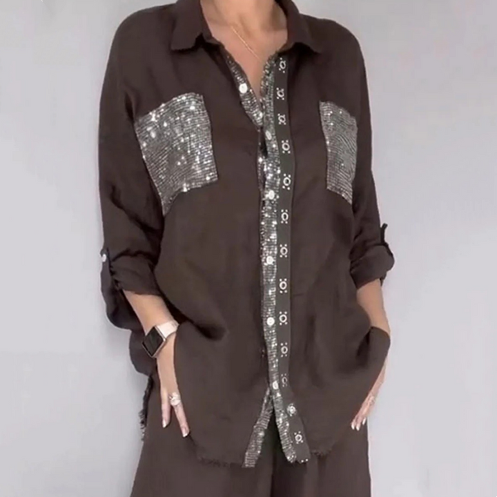 Lizy - Sequined Blouse And Trousers Set