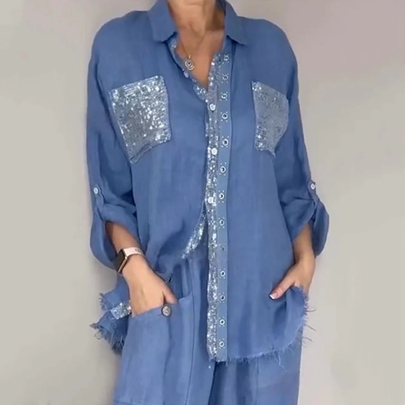Lizy - Sequined Blouse And Trousers Set
