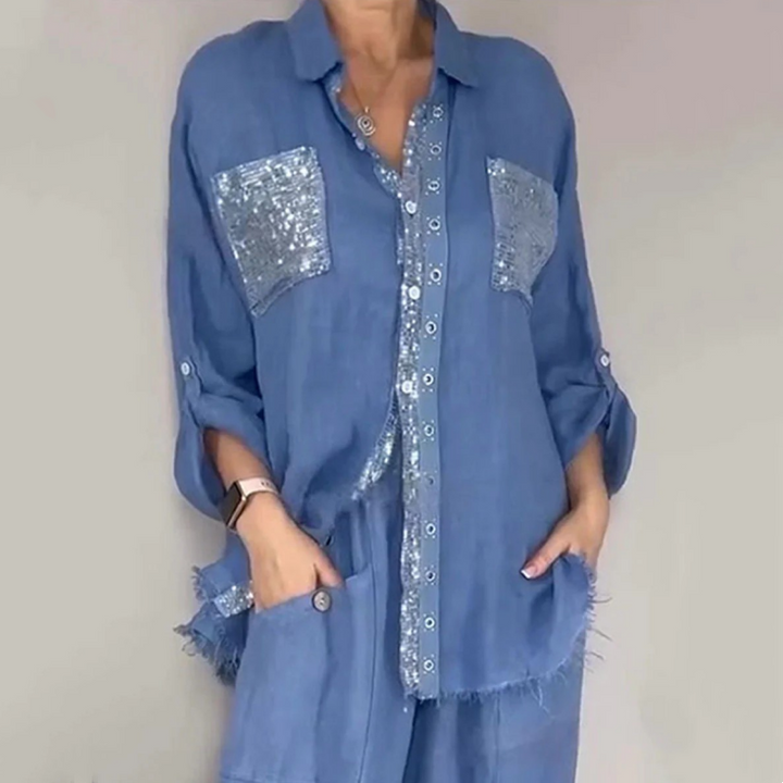 Lizy - Sequined Blouse And Trousers Set