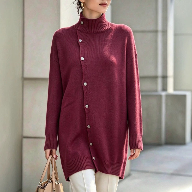 Renette - Longline Knit Sweater With Turtleneck and Buttons