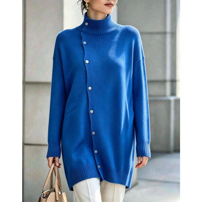 Renette - Longline Knit Sweater With Turtleneck and Buttons