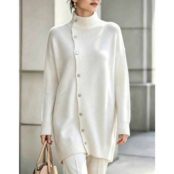 Renette - Longline Knit Sweater With Turtleneck and Buttons