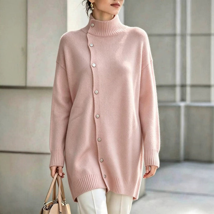 Renette - Longline Knit Sweater With Turtleneck and Buttons