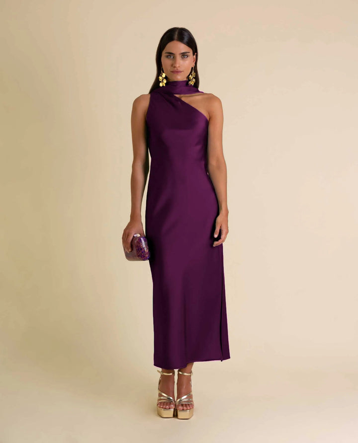 Zinash - One Shoulder Midi Dress With Neck Tie
