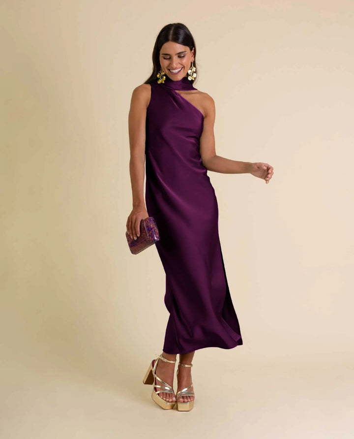 Zinash - One Shoulder Midi Dress With Neck Tie