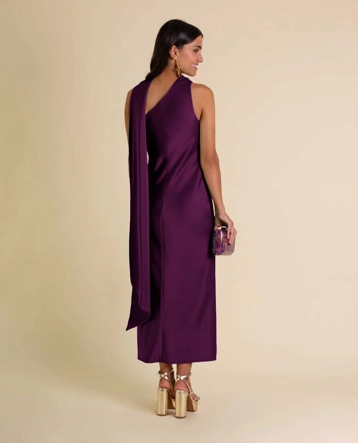Zinash - One Shoulder Midi Dress With Neck Tie