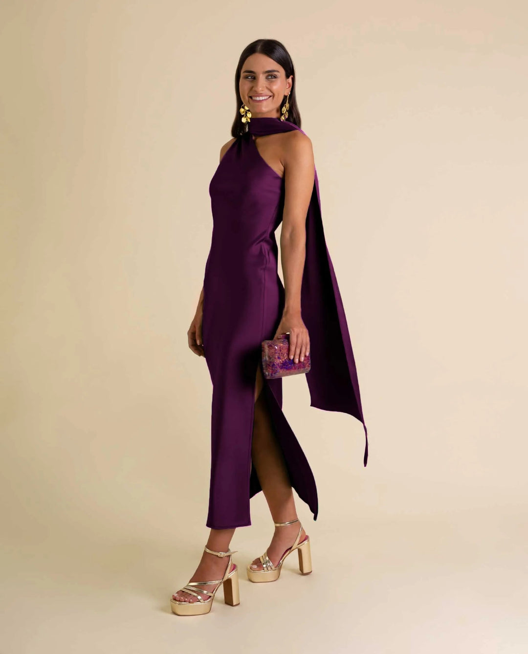 Zinash - One Shoulder Midi Dress With Neck Tie