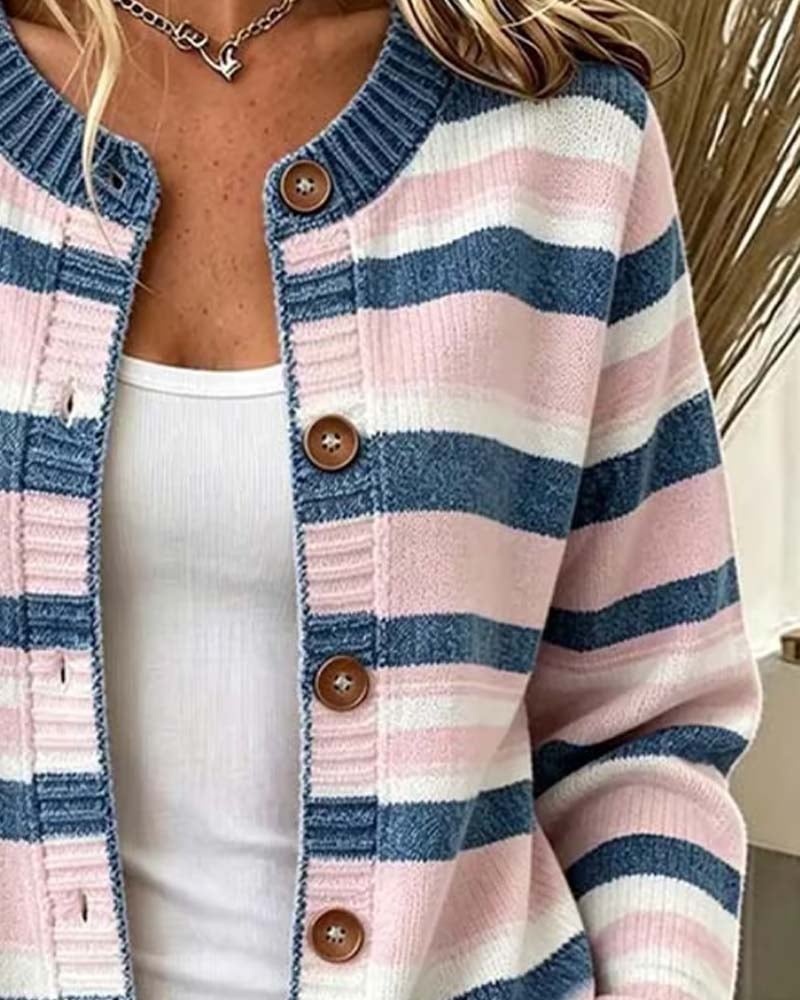 Anneetina - Striped Crew Neck Single Breasted Cardigan